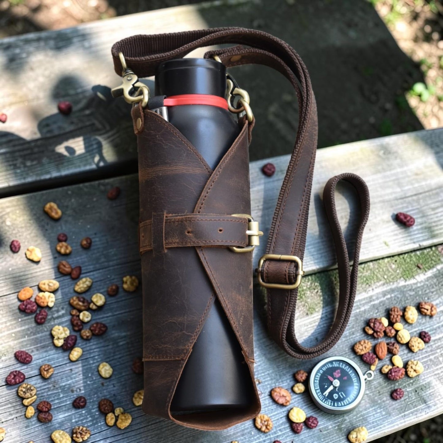 Leather Water Bottle Holder with Strap, Heavy Duty Brass Crossbody Brown Sling Bag, 1 Liter Universal Tumbler Carrier for Travel, Hiking, Walking & Camping (Bottle Excluded)
