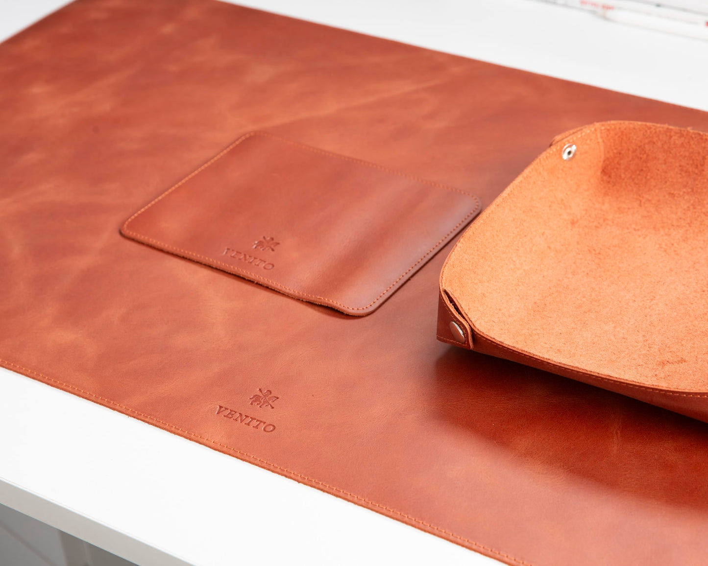 VENITO Leather 3-in-1 Desk Mat Set – Desk Mat (32"x16"), Organizer Tray & Cup Coaster – Full-Grain Leather Desk Pad for Office & Home – Elegant Workspace Accessories for Men & Women, Cinnamon