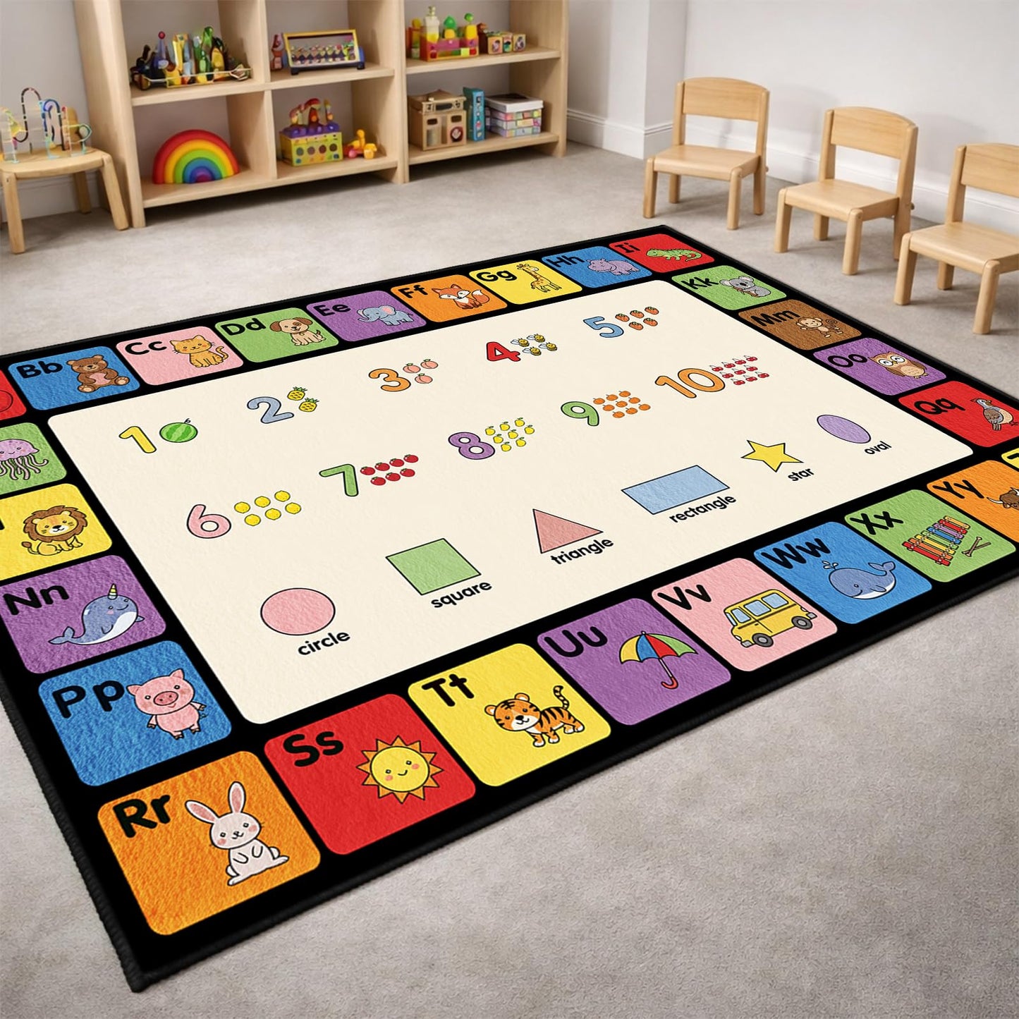 ABC Rug for Classroom, Alphabet, Numbers & Shapes 3-in-1 Educational Area Rugs for Childrens, Non-Slip Animals Learning Carpet for Kids Room, Daycare, Preschool, Elementary -5' x 7' (Multi-Color)