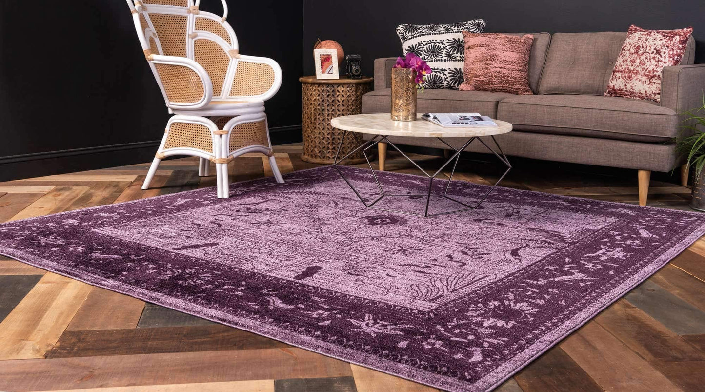 Unique Loom La Jolla Collection Farmhouse, Contemporary, Botanical, Traditional, Vintage Area Rug (8' 0 x 8' 0 Square, Violet/Dark Purple)