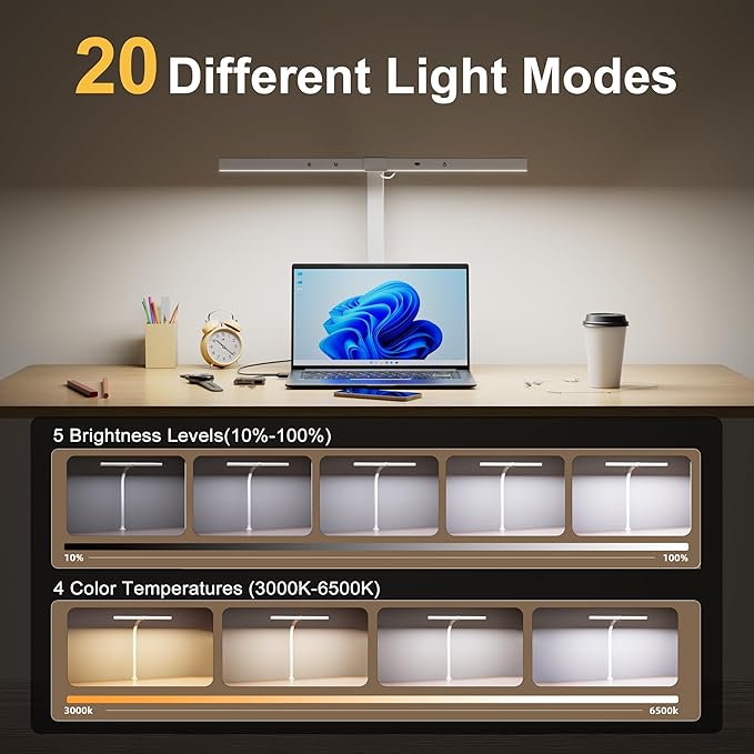 deeloop 48cm LED Desk Light,CRI 95+ Bright Desk Lamp for Home Office, 4 Colors & Infinite Dimming Reading Lamps with Timer & Memory Function, Standing Lamp with Clamp for Table Working Monitor