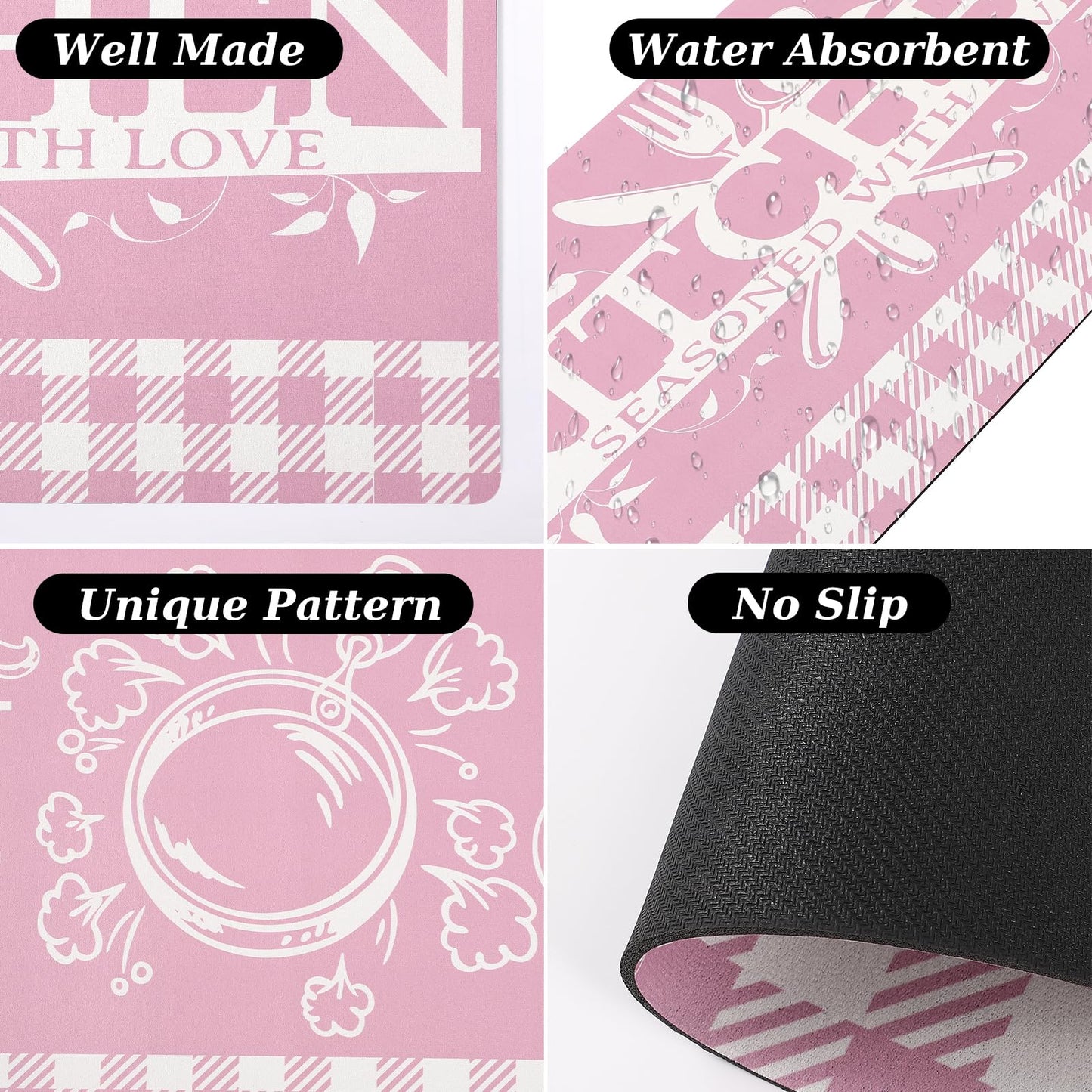 Pink Kitchen Mats for Floor, 3 Pieces Non Slip Cushioned Kitchen Runner Rugs with Grid Design, Waterproof Comfort Mat Farmhouse Chef Runners Carpet for Sink, Bathroom