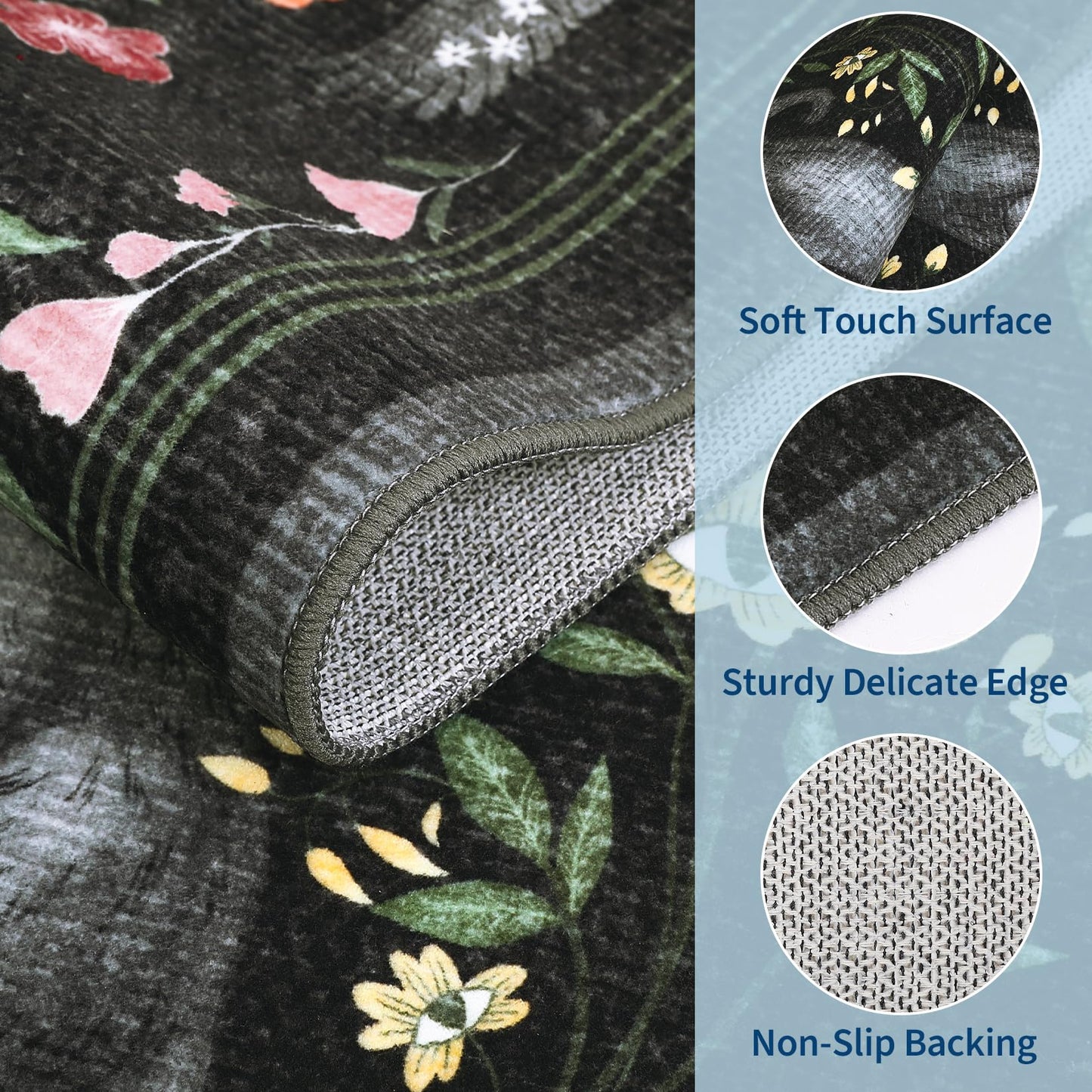 GarveeHome 2x6 Cat Washable Runner Rug for Kitchen, Soft Black Hallway Runner Non Slip Mushroom Moths Entryway Rug Floral Laundry Mat Stain Resistant Carpet for Bedroom Bathroom Beside Rug