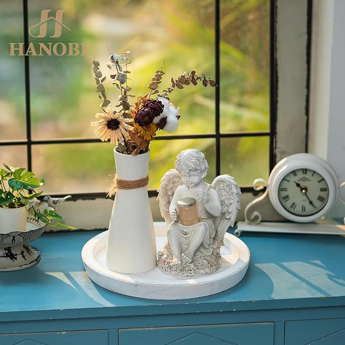 Hanobe Rustic Wooden Serving Tray: Round Wood Decorative Tray Rustic White Centerpiece Candle Holder Trays Farmhouse Ottoman Tray for Decor Kitchen Counter Home Decor for Coffee Table