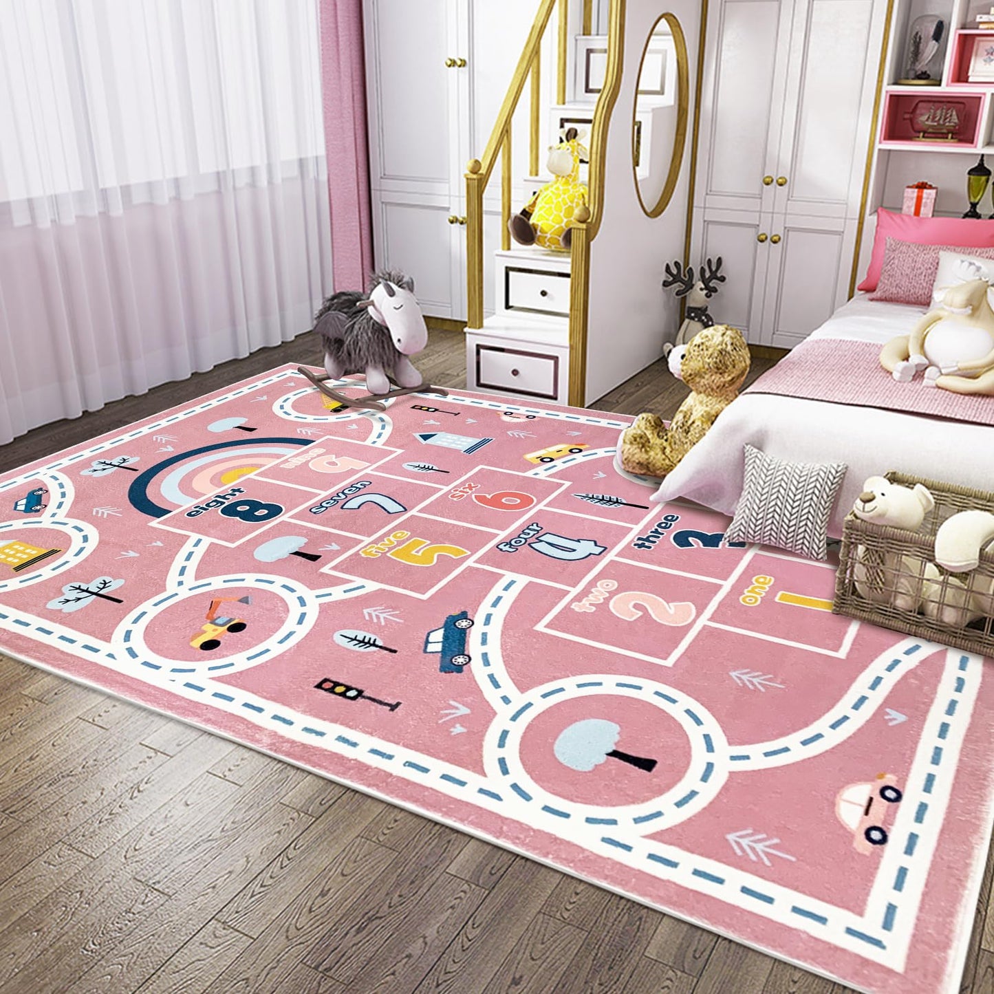Abeigoi Kids Play Mat Hopscotch Car Area Rug 5x8Ft Extra Large for Girls Bedroom Soft Classroom Educational Learning Children Preschool Car Road Boys Gift, Pink