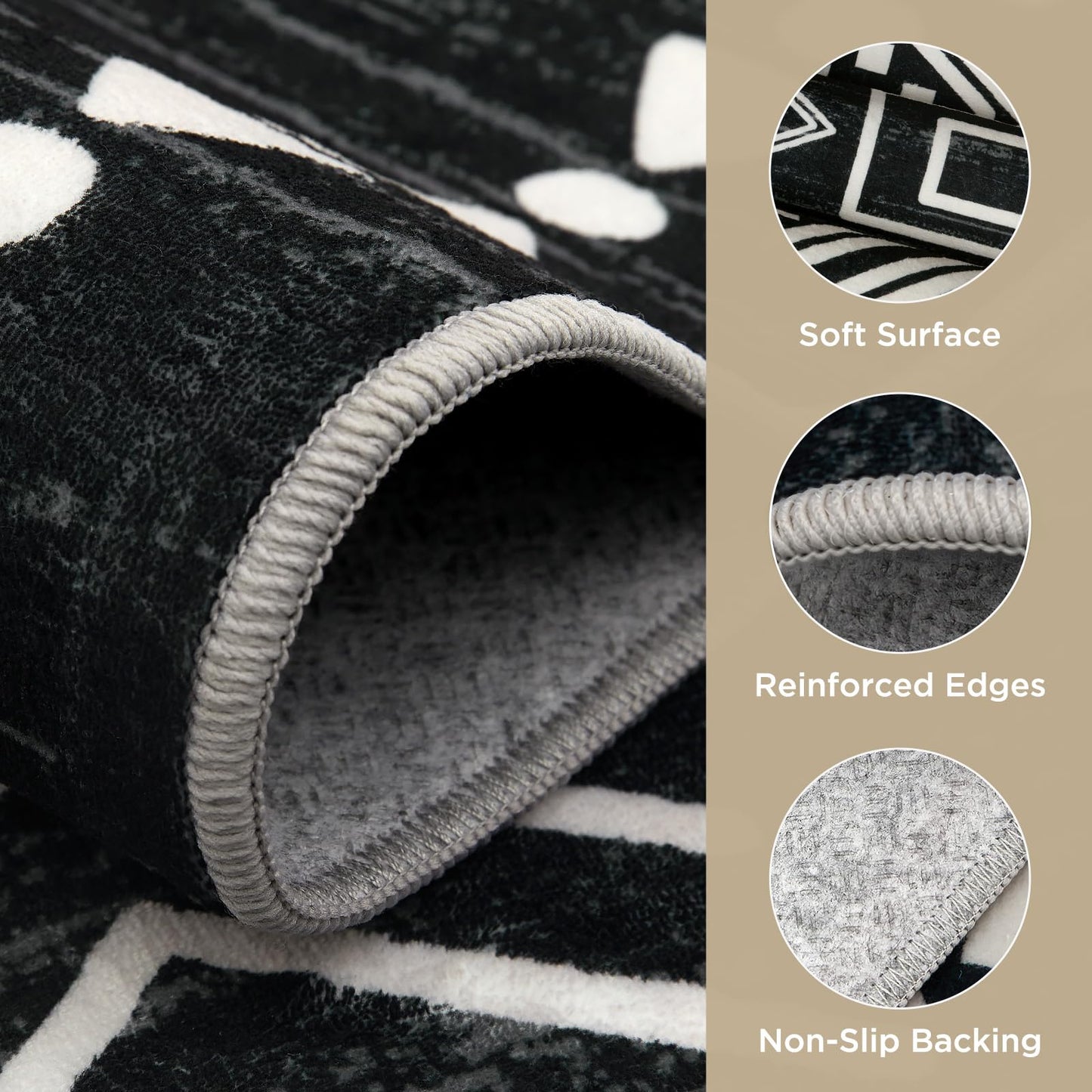 Joydeco Moroccan 5x7 Western Black and White Rugs for Living Room, Washable Soft Aztec Rug for Bedroom, Low Pile Distressed Modern Carpet for Dining Room Playroom Office Home Decor