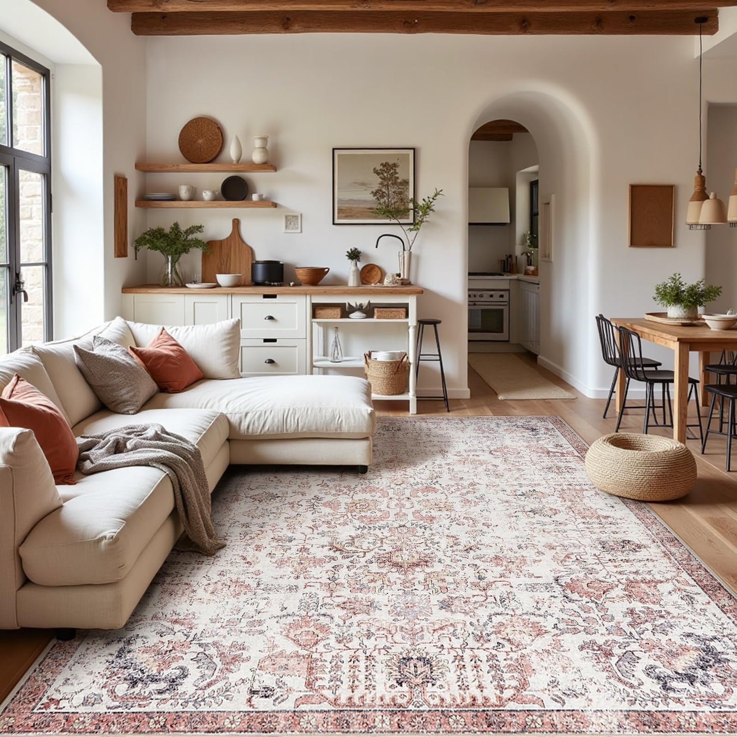 jinchan Distressed Vintage Area Rug 9x12, Soft Non-Slip Low-Pile Washable Large Living Room Rug with a Faded Medallion Pattern, Traditional Indoor Carpet for Dining Room and Bedroom, Red Multi