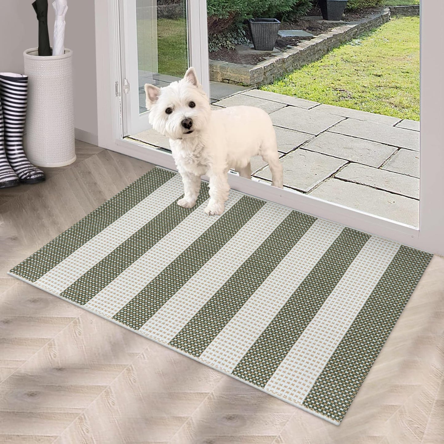 Sungea Green and White Striped Rug-2x3 Front Door Mat Outdoor,Washable Reversible Porch Rug Cotton Hand-Woven Spring Doormat, Foldable Layered Door Mats for Entryway/Farmhouse