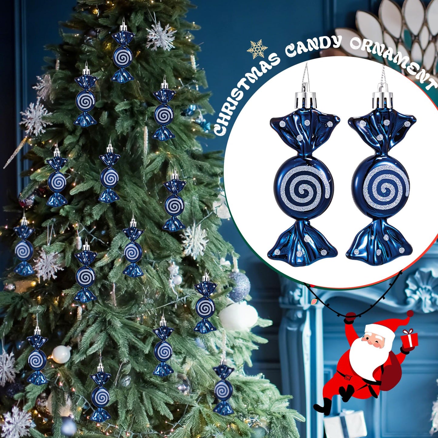 Threan 12 Pcs Christmas Candy Ornaments for Tree Decoration Hanging Glitter Candy Cane Christmas Peppermint Ornament with Golden Rope for Xmas Holiday Decoration(Dark Blue,Plastic)