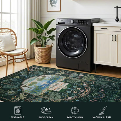 Vasofe 3x5 Bedroom Rug,Washable Rugs for Entryway, Living Room, Indoor Floor Mat, Modern Animal Peacock Floral Mats for Nursery, Farmhouse, Laundry Room, Non Slip Low Pile Soft Carpet, Black Green