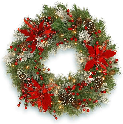 National Tree Company Pre-Lit Artificial Christmas Wreath, Green, Tartan Plaid, White Lights, Decorated with Frosted Branches, Pine Cones, Berry Clusters, Flowers, Christmas Collection, 30 Inches