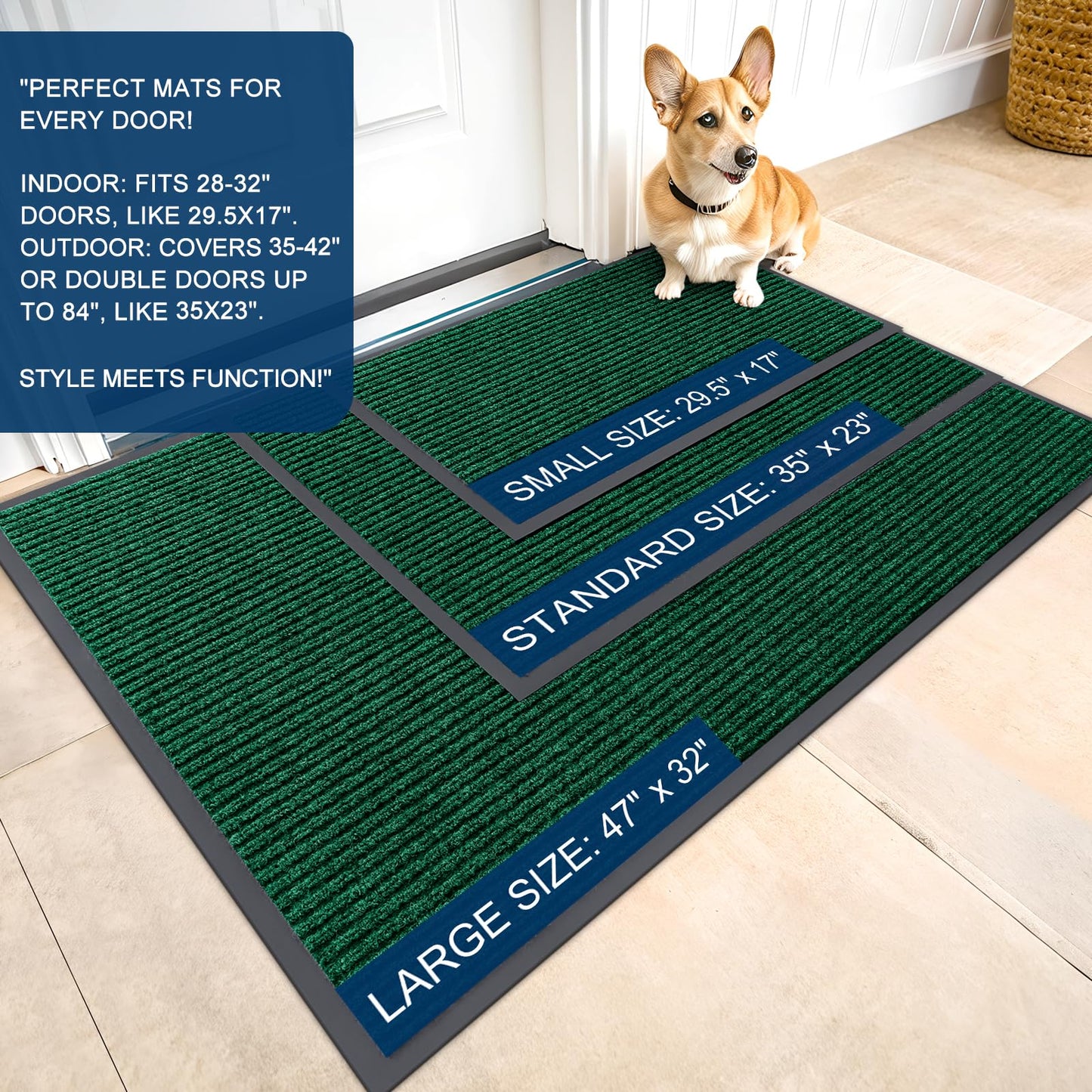 OLANLY Front Door Mat Indoor Outdoor Entrance, Waterproof Heavy Duty Doormat, Fade Resistant, Low Profile, Easy Clean Patio Porch Welcome Floor Mats for Entry, 35x23, Green