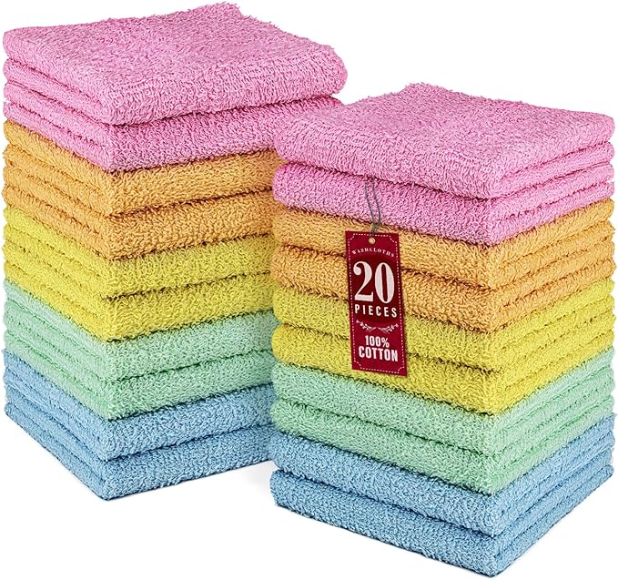DecorRack 20 Pack 100% Cotton Wash Cloth, Luxurious Soft, 12 x 12 inch Ultra