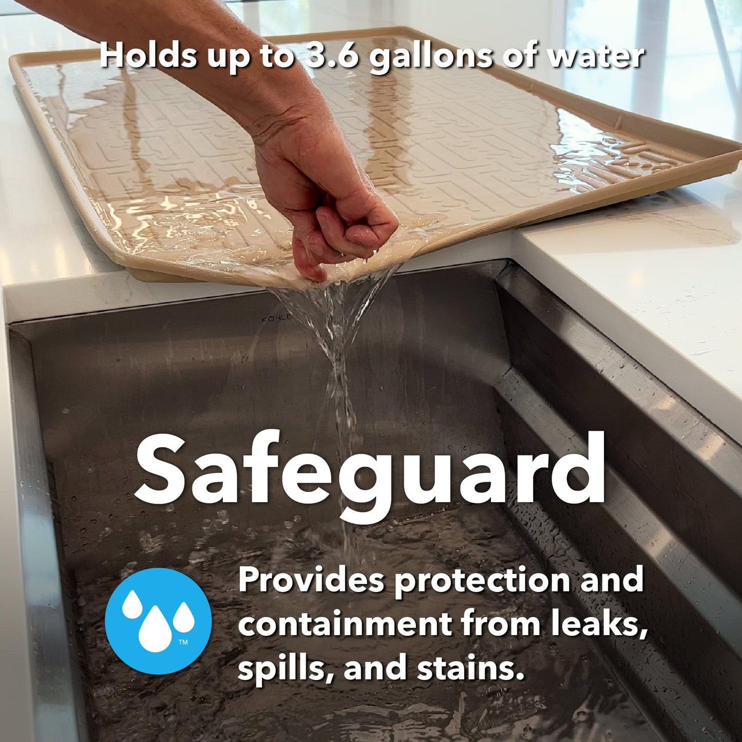 XTREME MATS Waterproof Undersink Mat (Beige 34" 1/4 x 22 1/4) 36 inch Cabinet Base Liner for Kitchen & Laundry Cabinets Catches Leaks Prevents Damage Flexible Sink Driptray
