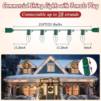 25 FT C9 LED Christmas Lights Outdoor with Clips, Large Bulb Christmas String Lights with Christmas Light Clips, Warm White Christmas Roofline Lights for House and Garden Xmas Decoration