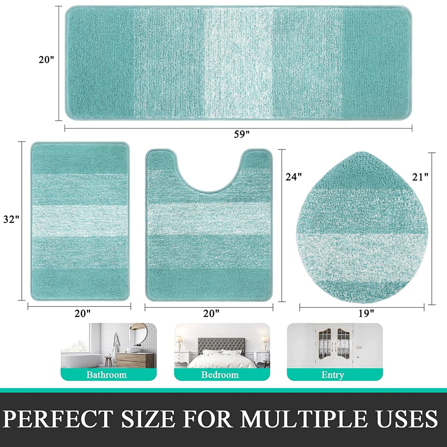 Bsmathom Bathroom Rugs Sets 4 Piece, Soft Absorbent Microfiber Bath Rugs with U-Shaped Contour Toilet Rug and Toilet Lid Cover, Thick Non-Slip Plush Shaggy Bath Mat Set,Teal