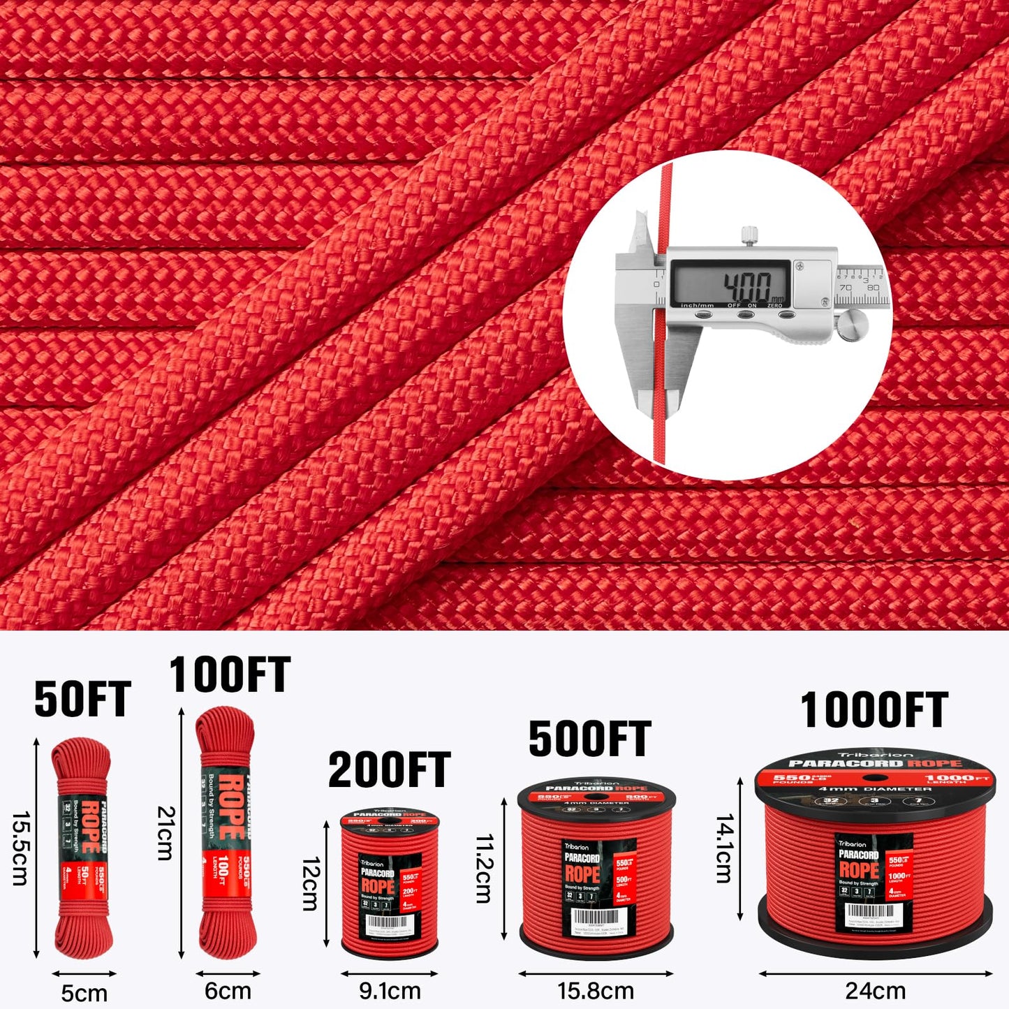 Paracord Rope 550 lb - 1000ft 5/32" Parachute Cord 4MM 7-Strand para Cord - Heavy Duty Spool String for Survival,Camping Gear, Survival Bracelet, Clothesline - Red