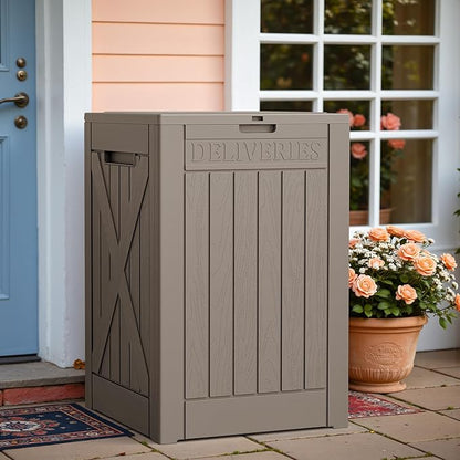 Greesum 52 Gallon Large Outdoor Package Delivery Box for Porch, Lockable Secure Double-Wall Resin Storage Box, Waterproof Deck Box for Package Protection, Light Coffee