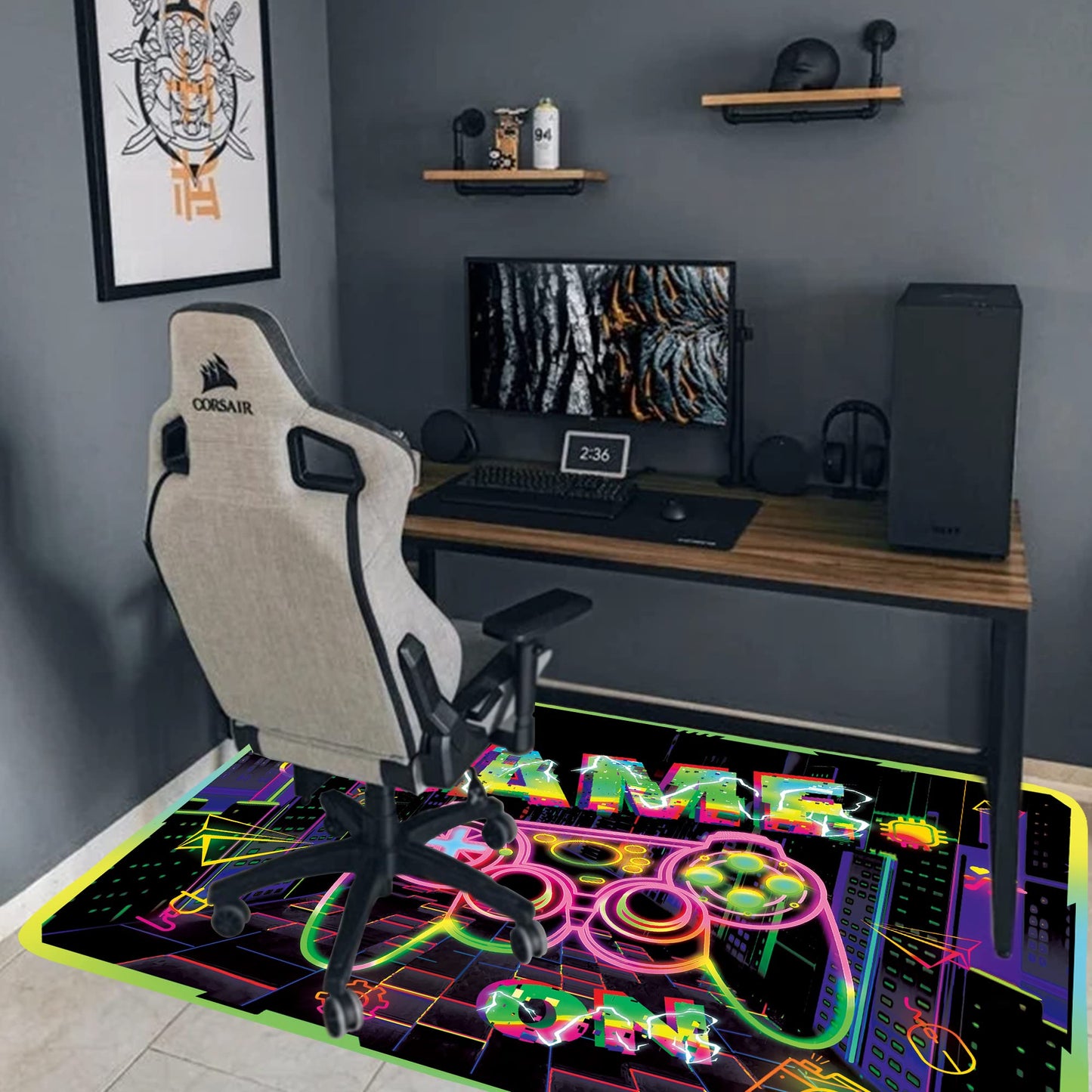 KMkicme Gaming Area Rug Blacklight for Bedroom Decor Game Printed Carpet Gamer Rug Glow in The Black Light for Playroom Large Non-Slip Area Rug Kids Boys Girls Game Room Casual Mat 82x59 Inch