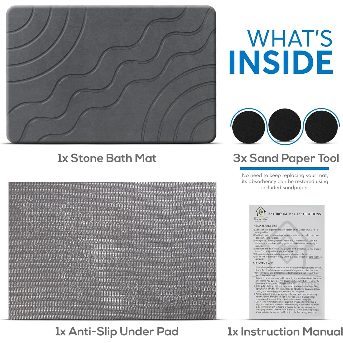 HOMY BLISS Stone Bath Mat Quick Drying Diatomaceous Earth Bath Mat Non Slip Shower Mat Super Absorbent Stone Bath Mats for Bathroom, Floor, Kitchen Counter, Easy to Clean (23.6” X 15.3”, Dark Gray)