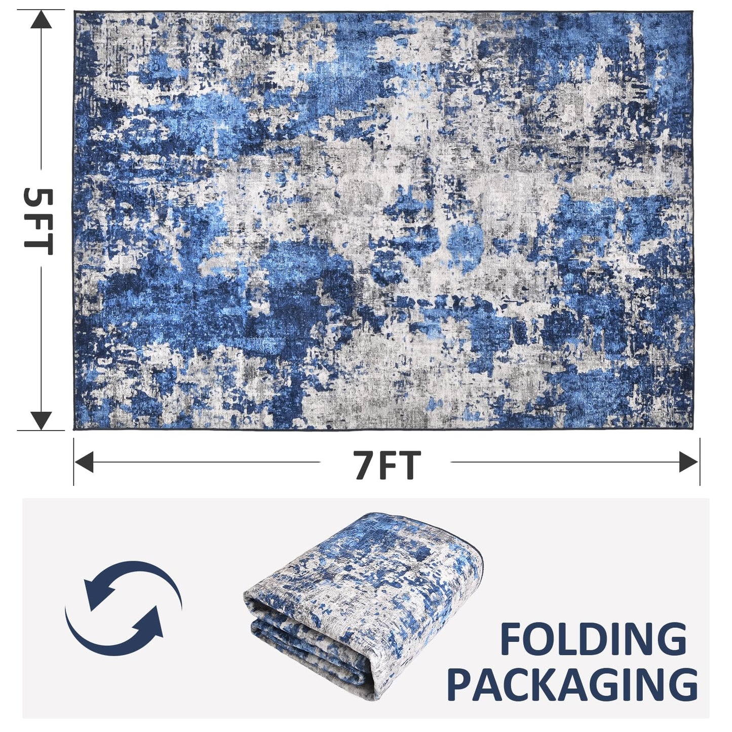 Washable Rugs 5X7 Large Neutral Modern Non Slip Foldable Thin Under Dining Table Dining Room Floor Cove Blue