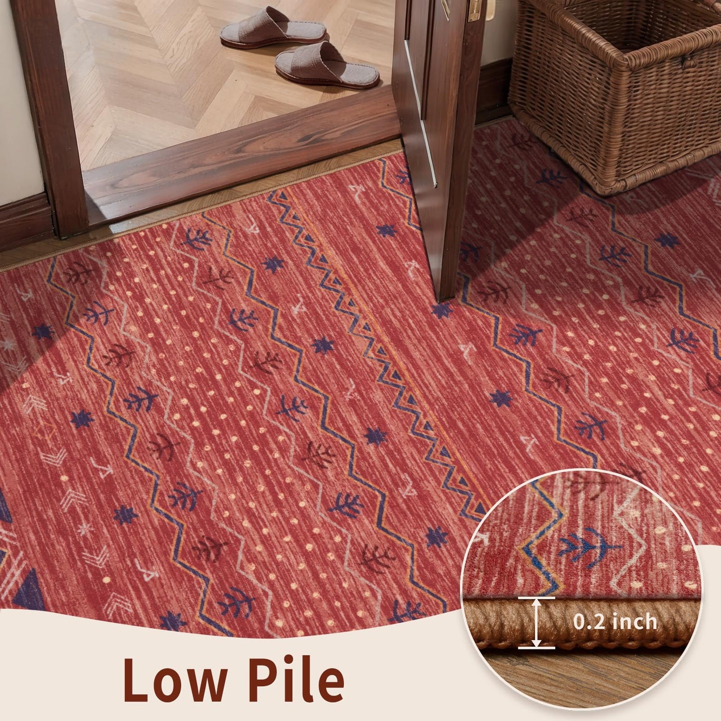 SERISSA Hallway Runner Rug, 2x10 Washable Non-Slip Red Ochre Runners for Hallways, Soft Low-Pile Boho Geometric Indoor Long Carpet for Kitchen Entryway Laundry Bedroom Bathroom