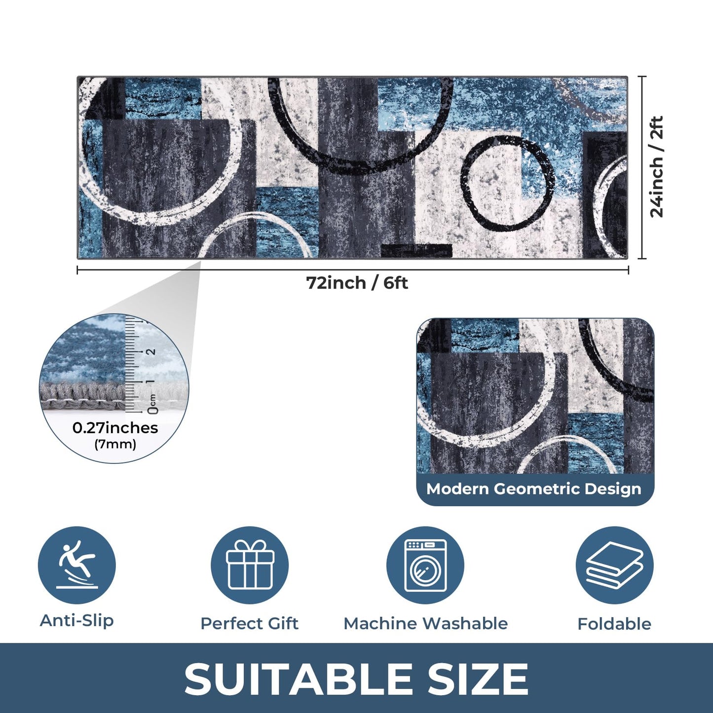 Yamaziot Modern Abstract Runner Rug, 2x6 Washable Kitchen Runner with Non-Slip Backing, Ultra Soft Rug Runners for Hallway Low Pile Carpet for Entryway, Laundry, Bedroom (Blue, Geometric Circle)