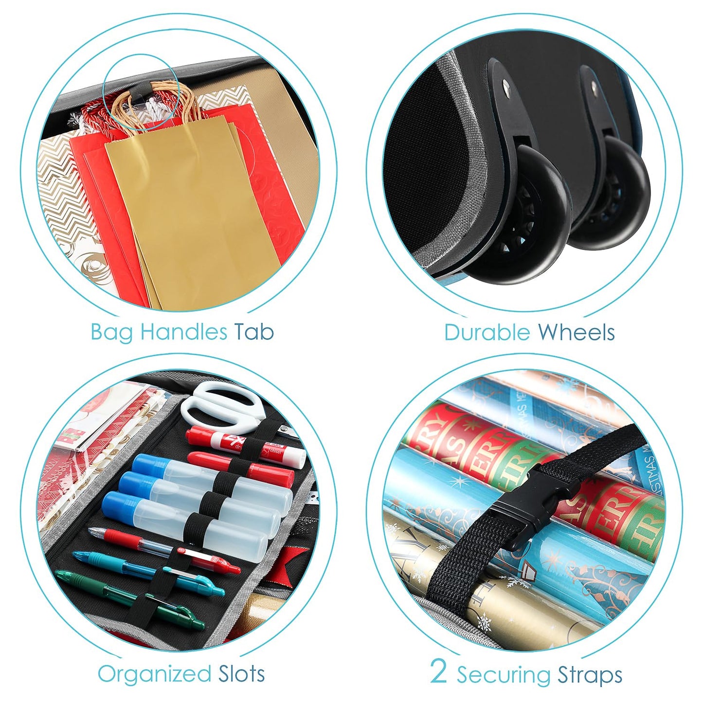 Hearth & Harbor Holiday Storage with Extra 2 PC of Christmas Storage Bins and Ribbon Storage Organizer - Fade Resistant Wrapping Paper Storage Containers with Wheels Fits Up to 30 Rolls of 40" Length