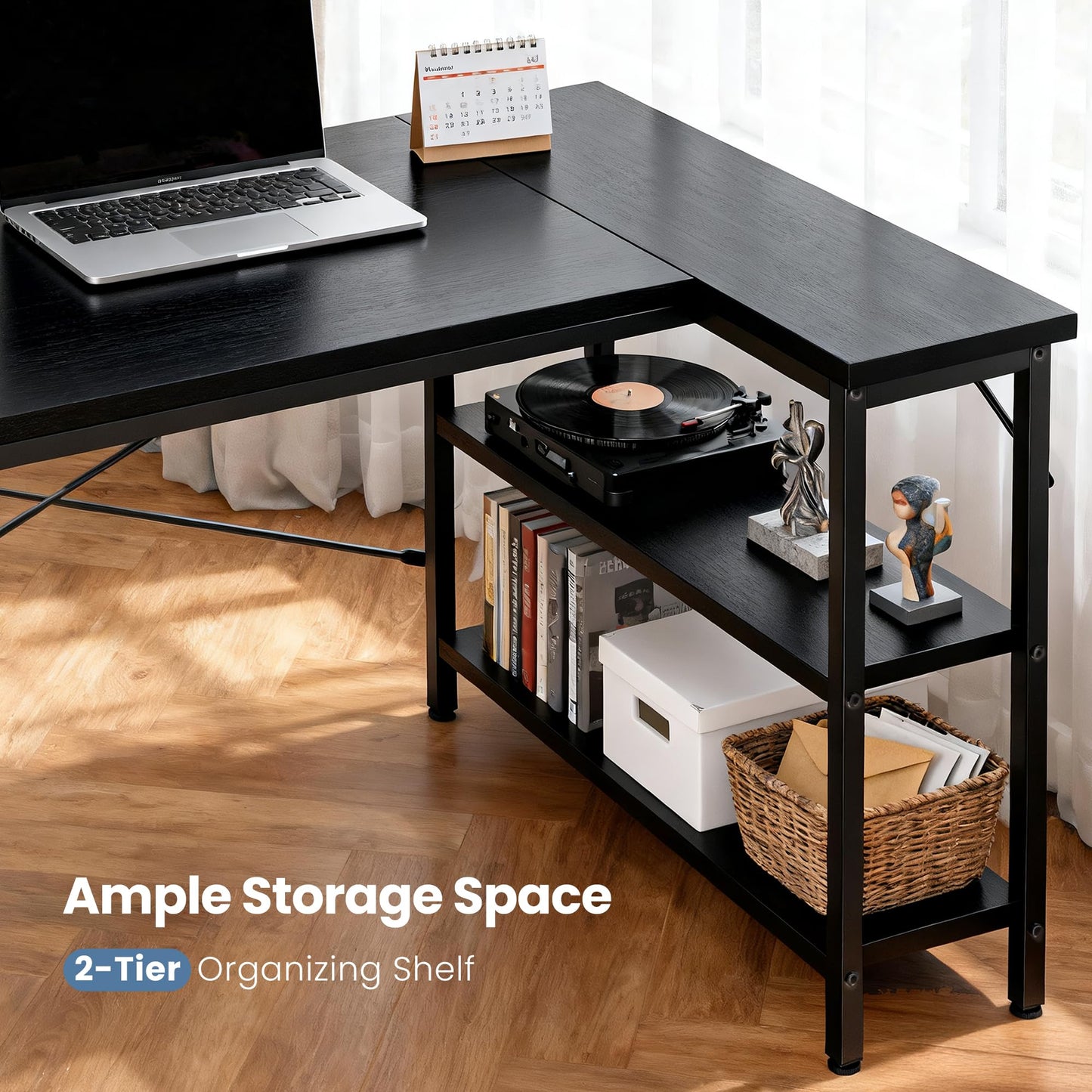 DUMOS L Shaped Desk 47 Inch Computer Desk Gaming Furniture Corner Desks Home Office PC Table with Reversible Storage Shelves for Writing Working Study Bedroom Dorm, Modern Black