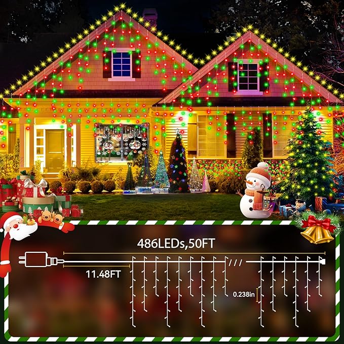53FT Christmas Lights Outdoor, 486 LED Outdoor String Lights Waterproof Plug in with 8 Modes & Timer, Christmas String Lights for Tree Party, Garden, Holiday Decorations（Red+Green）