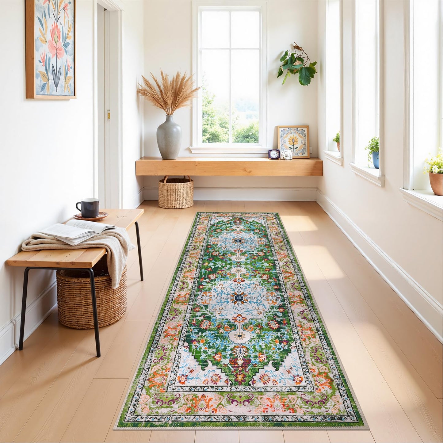U'Artlines 2' x 6' Boho Hallway Runner Rug, Non Slip Washable Vintage Farmhouse Kitchen Rug Accent Area Carpet for Entryway Laundry and Living Room (Green)