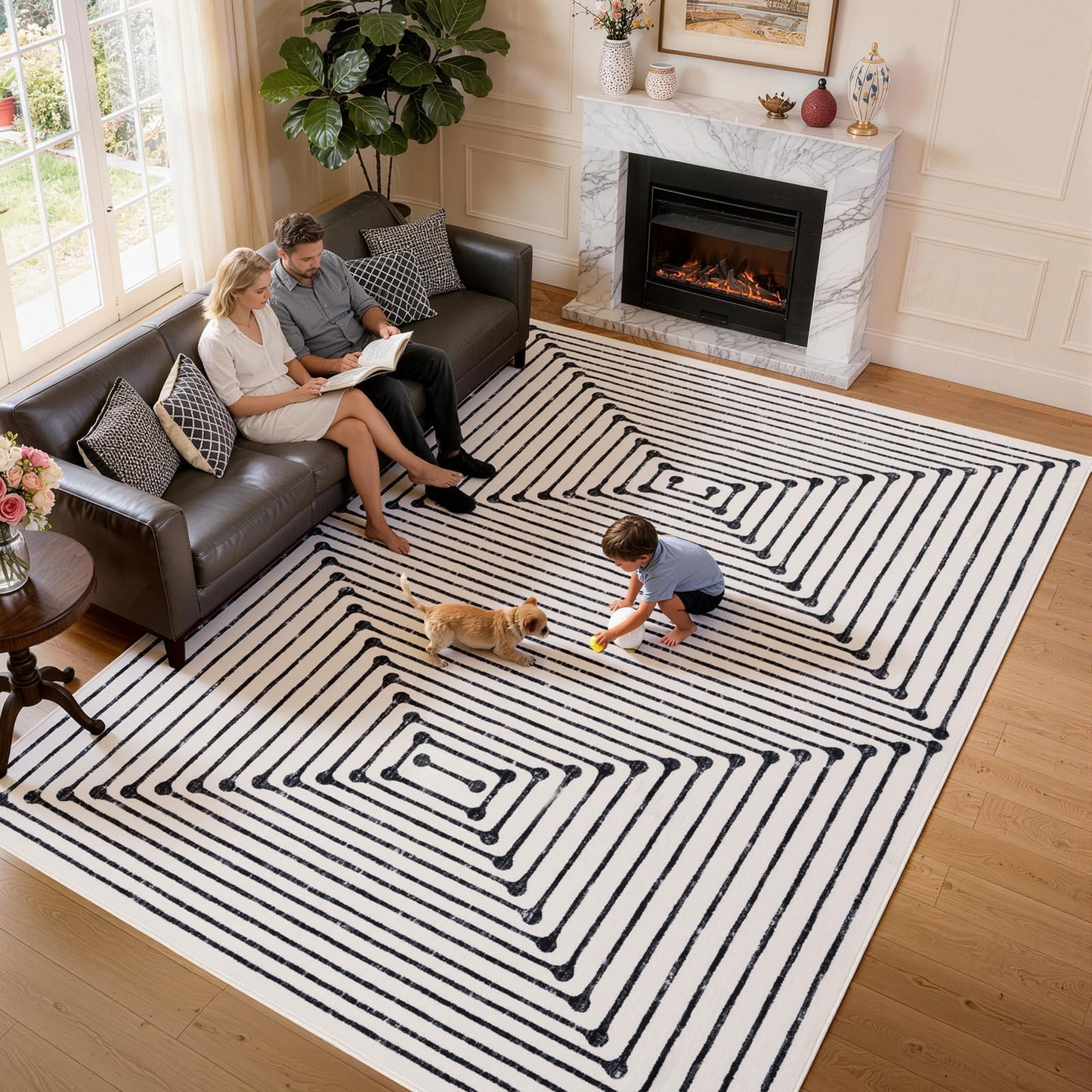 YIHOUSE Washable 8x10 Area Rugs for Living Room, Black and White Striped Rug for Bedroom Non Slip Low Pile, Large Modern Geometric Carpet for Playroom Dining Room Home Office Decor