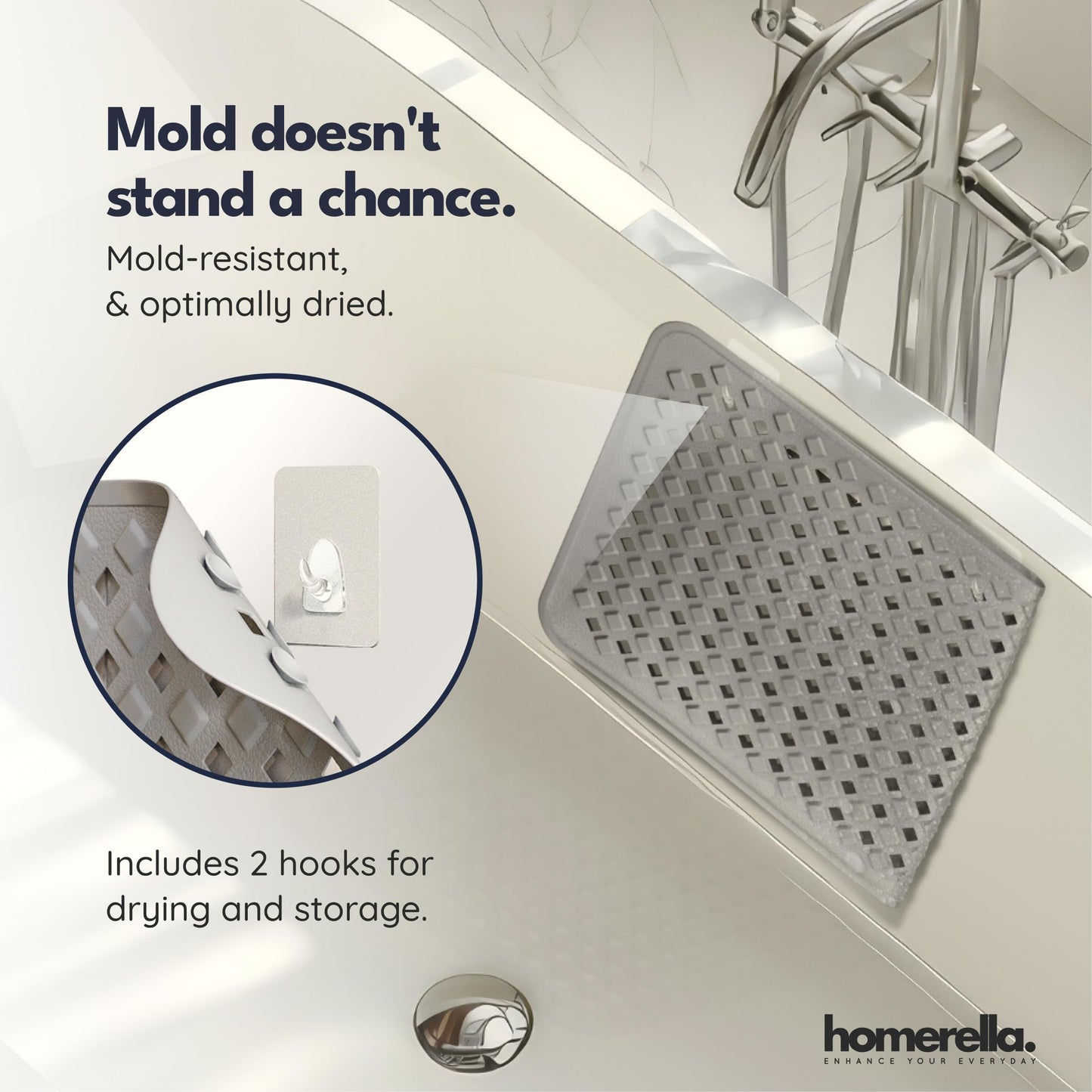 Bathtub Mat Non Slip 35x16 - homerella® Bath Mat Incl. Hooks for Drying, Extra Long, 100% BPA Free, Shower Mat Non Slip Anti Mold, Machine Washable, Shower Mats for Inside Shower Mildew Resistant