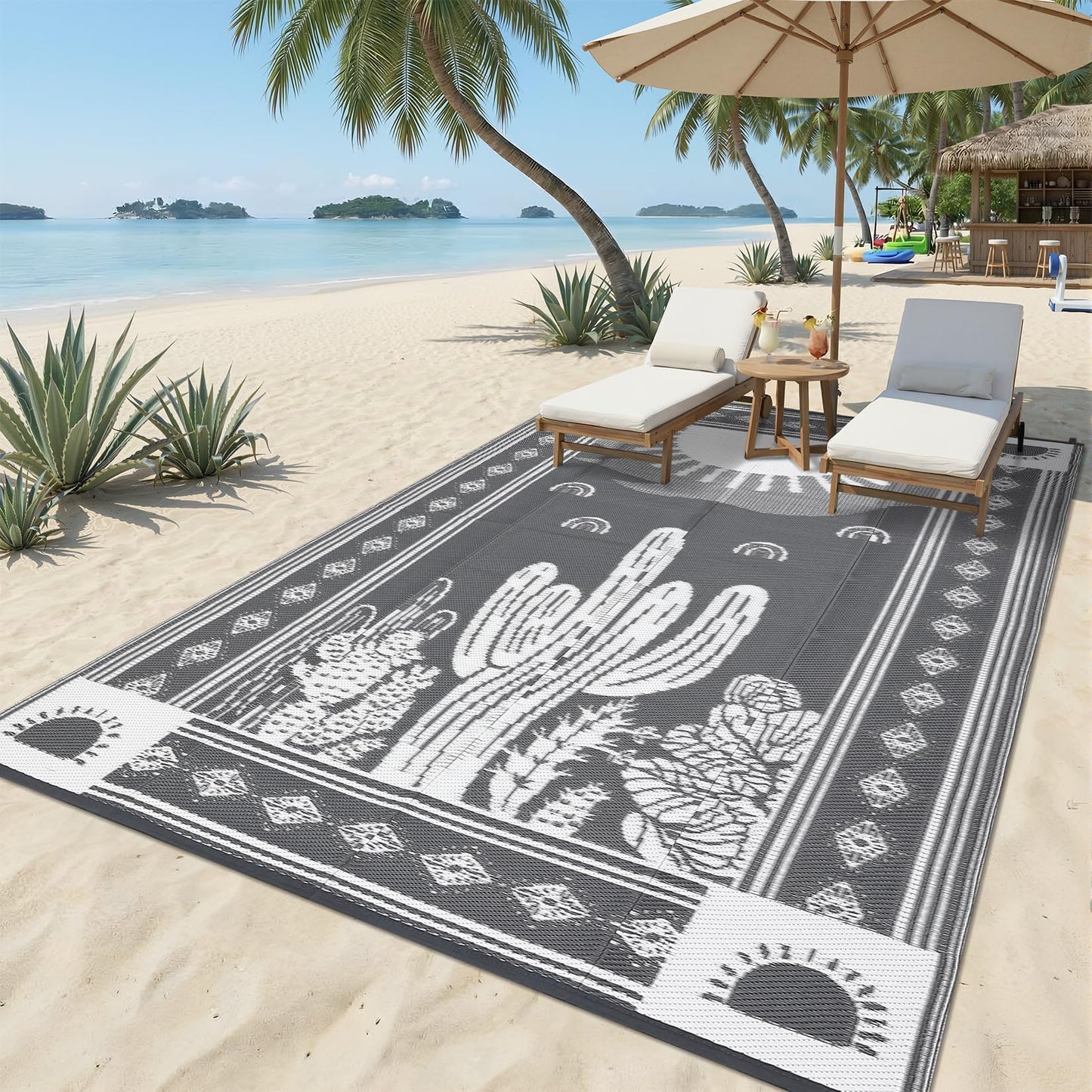 Garvee Reversible Cactus Outdoor Rug 8x10 for Patio, Waterproof Outdoor Area Rug, Modern Desert Botanical Indoor Outdoor Rugs, Plastic Straw Rug for RV, Camping, Deck, Grey