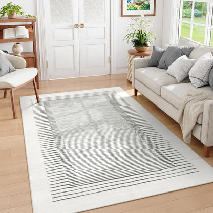 Morebes Modern 5x7 Washable Rug for Living Room, Geometric Stain-Resistant Soft Bedroom Rug, Non Slip Low Pile Indoor Carpet for Dining Room Home Office (5'x7',White)