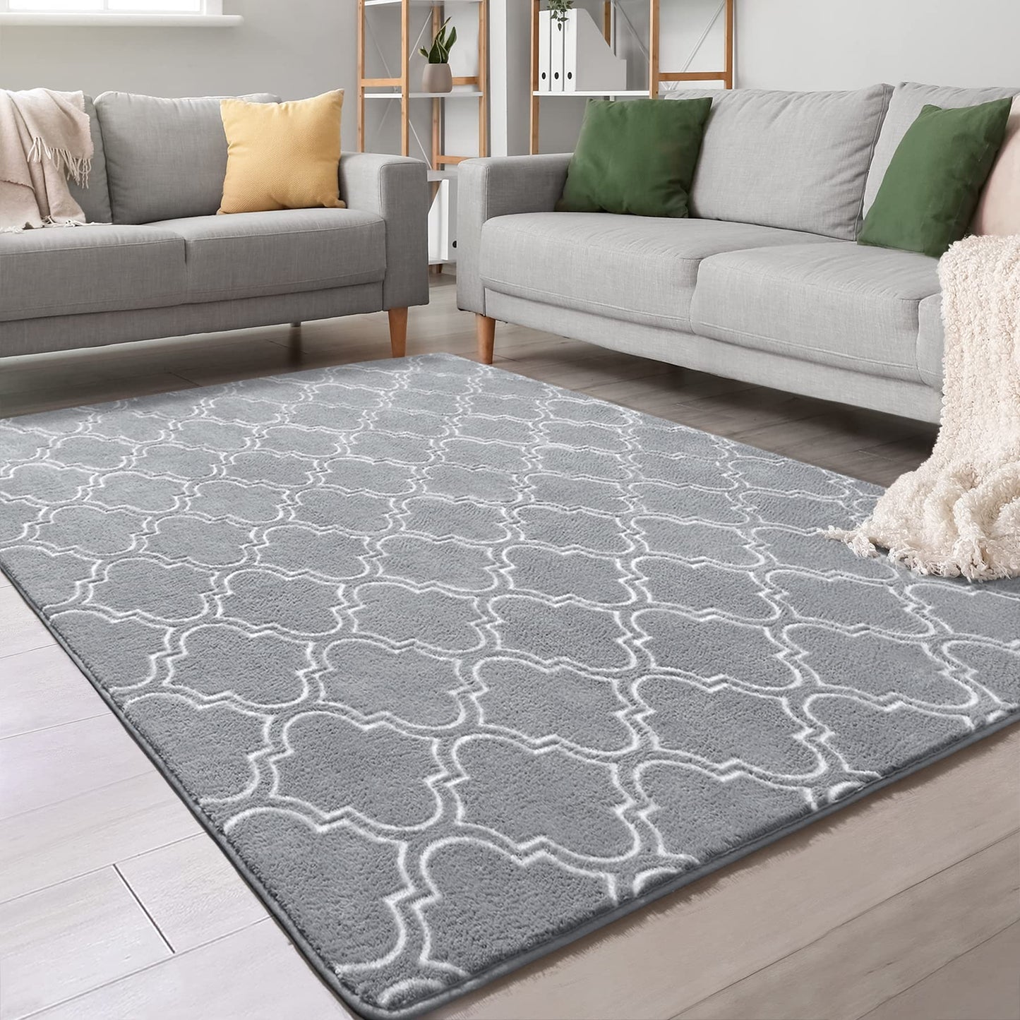 Chicrug Shag Geometric Modern Area Rug for Bedroom, 3x5 Feet Memory Foam Indoor Carpet, Fluffy Rug for Living Room Bedside Room Decor for Family Girls Kids Nursery Play Mat, Grey/White