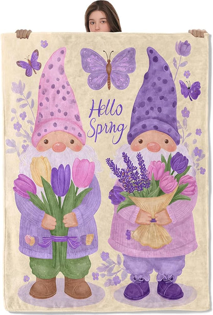 Gnome Lightweight Throw Blanket, Purple Lavender Flower and Butterfly, Warm Soft Cozy Flannel Blankets, Couch Dorm Home Decor All Season Use, 80x60in, Beige, Gifts for Women and Spring Lovers
