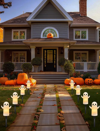 4 Pack Halloween Ghosts Pathway Marker Lights, 7Ft Outdoor Halloween Pathway String Lights with 4 White Ghost Stakes Lights, Extendable Walkway Lights Waterproof for Yard Porch Lawn Sidewalk Garden