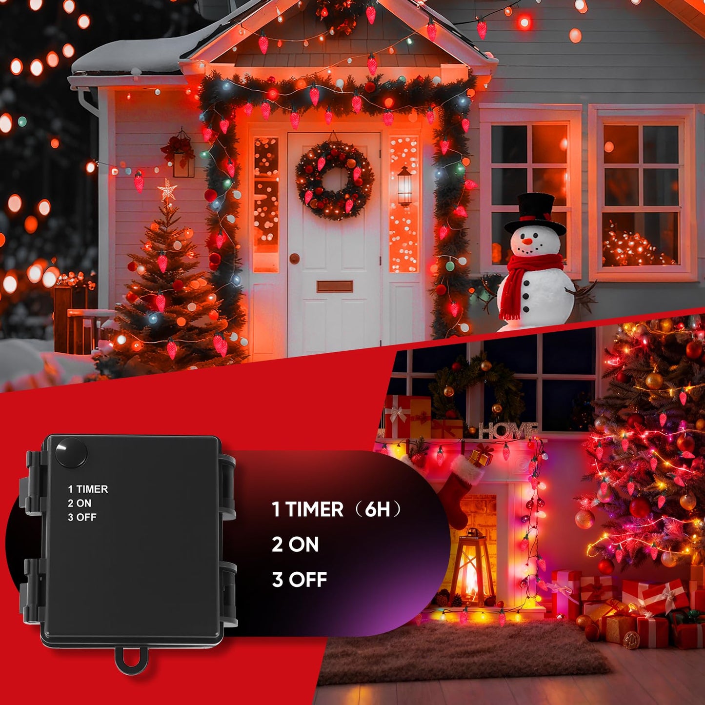 SUPHONOR C9 Christmas String Lights, Waterproof 33 FT 50 LED Battery Operated Lights String & Timer, C9 led Christmas Lights for Indoor Outdoor Home Yard Xmas Tree House Decorations