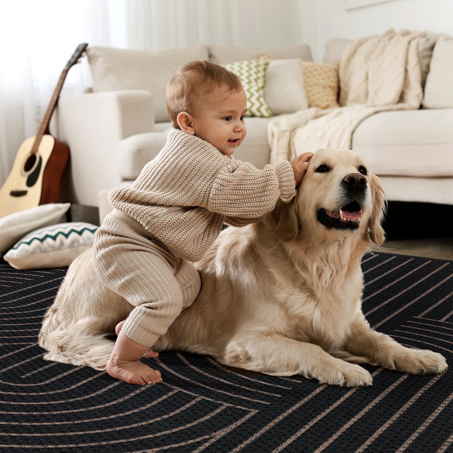 Tangsoo Black Geometric Rainbow Easy Jute Area Rug,4x6 Washable Thin Rug for Patio,Non Slip Rubber Backing Indoor Outdoor Carpet Boho Farmhouse Throw Mat for Front Porch Bedroom Living Room