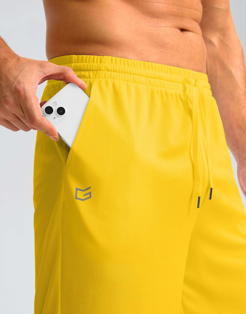 G Gradual Men's Athletic Shorts with Pockets 9" / 11" Long Basketball Shorts Lightweight Quick Dry Gym Workout Shorts for Men(Yellow,L)