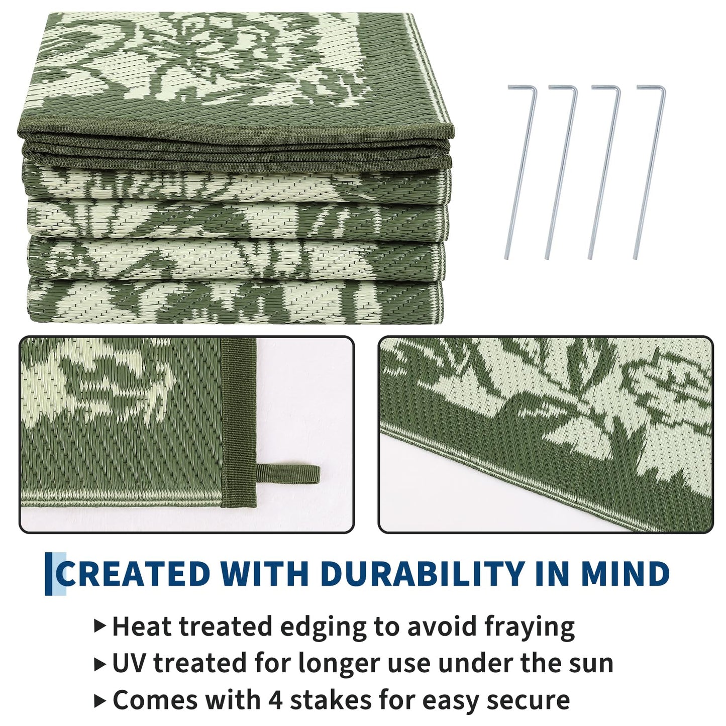 GarveeHome Outdoor Rug 9x18 Patio Waterproof, Reversible Plastic Straw Rugs for Camping, Picnic, Balcony, Porch, RV, Easy-Clean & Quick Dry Floral Pattern Large Indoor Outdoor Carpet, Green