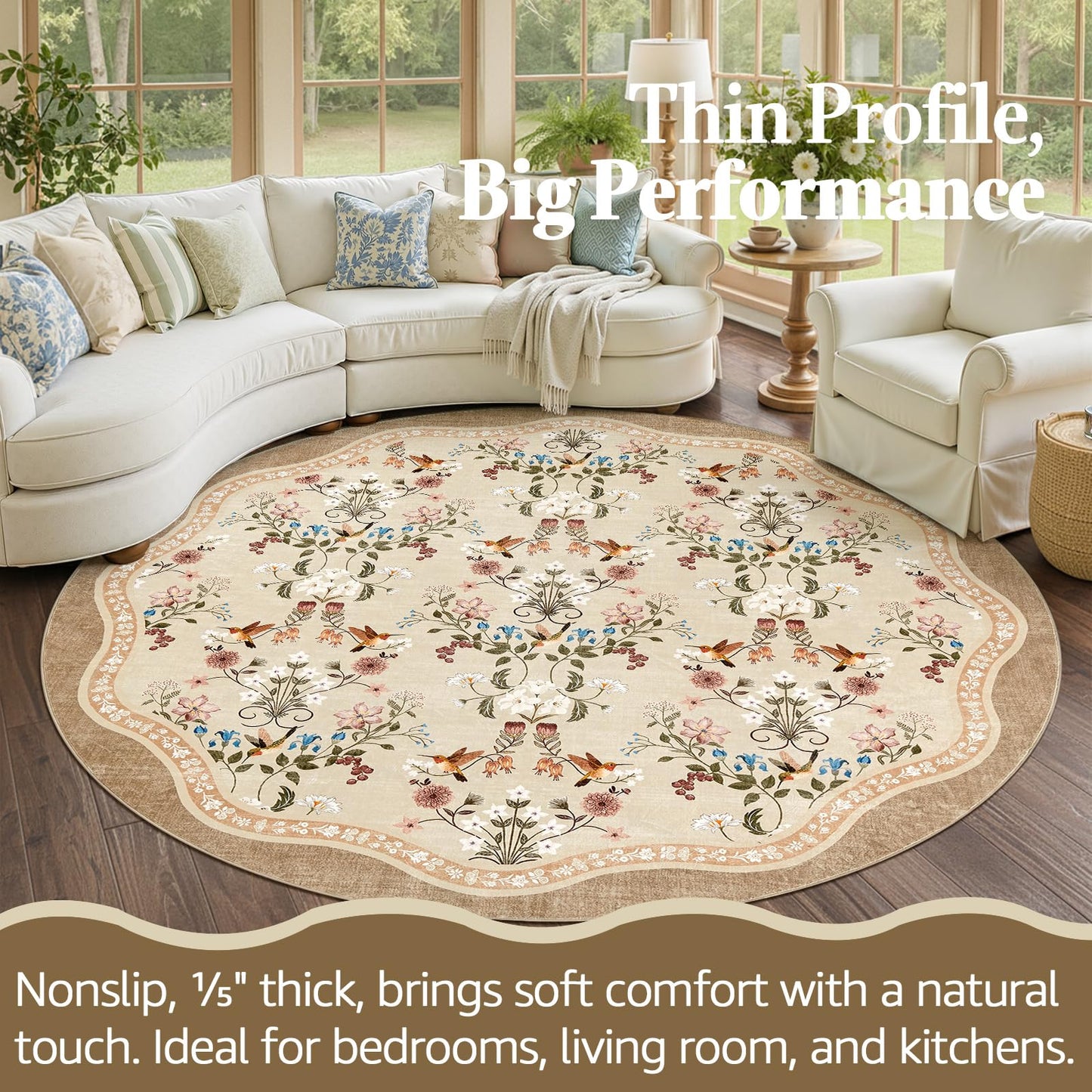 jinchan 8ft Circle Rug Floral Washable Carpet Non Slip Indoor Netural Flower Large Area Rug Round Low Pile Soft Carpet for Living Room Bedroom Dining Room Light Taupe