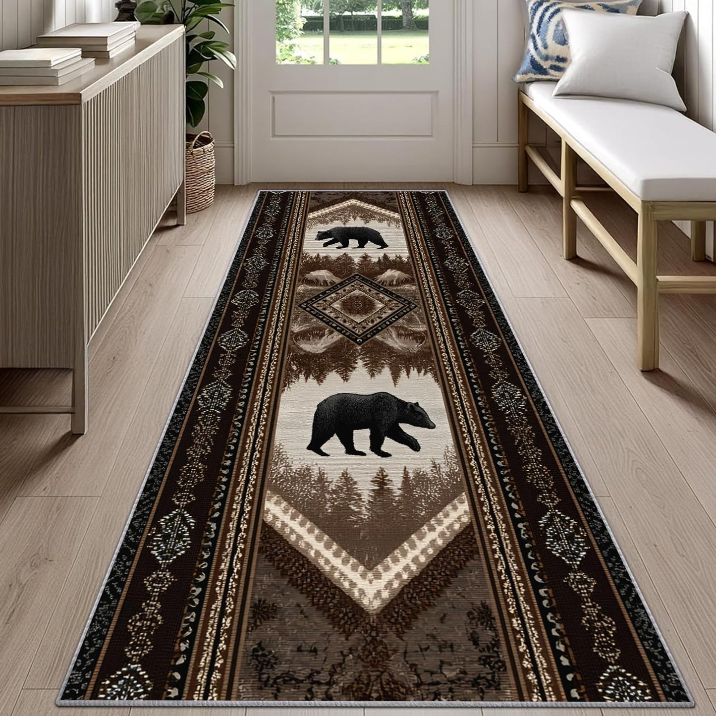 Reocahoo Rustic Cabin Runner Rug 2x8ft, Western Bear Rug for Kitchen, Country Lodge Cabin Rugs, Soft Washable Hallways Mats for Floor - Retro Country Style Home Decor