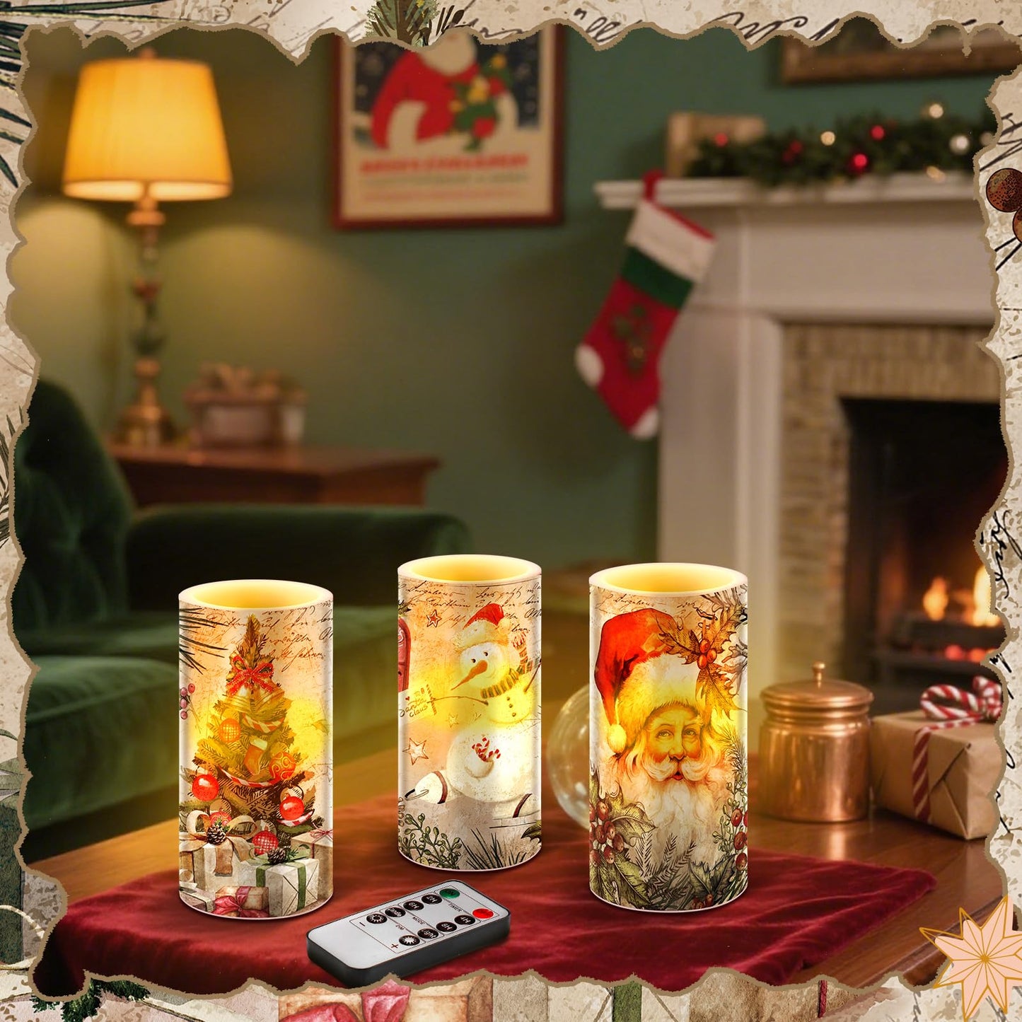 Retisee 3 Pcs Christmas Flameless Candles with Remote Timer Real Wax LED Flickering Pillar Candle White Cold Light Battery Operated for Home Window Xmas Gift Winter Holiday Decor(Retro)