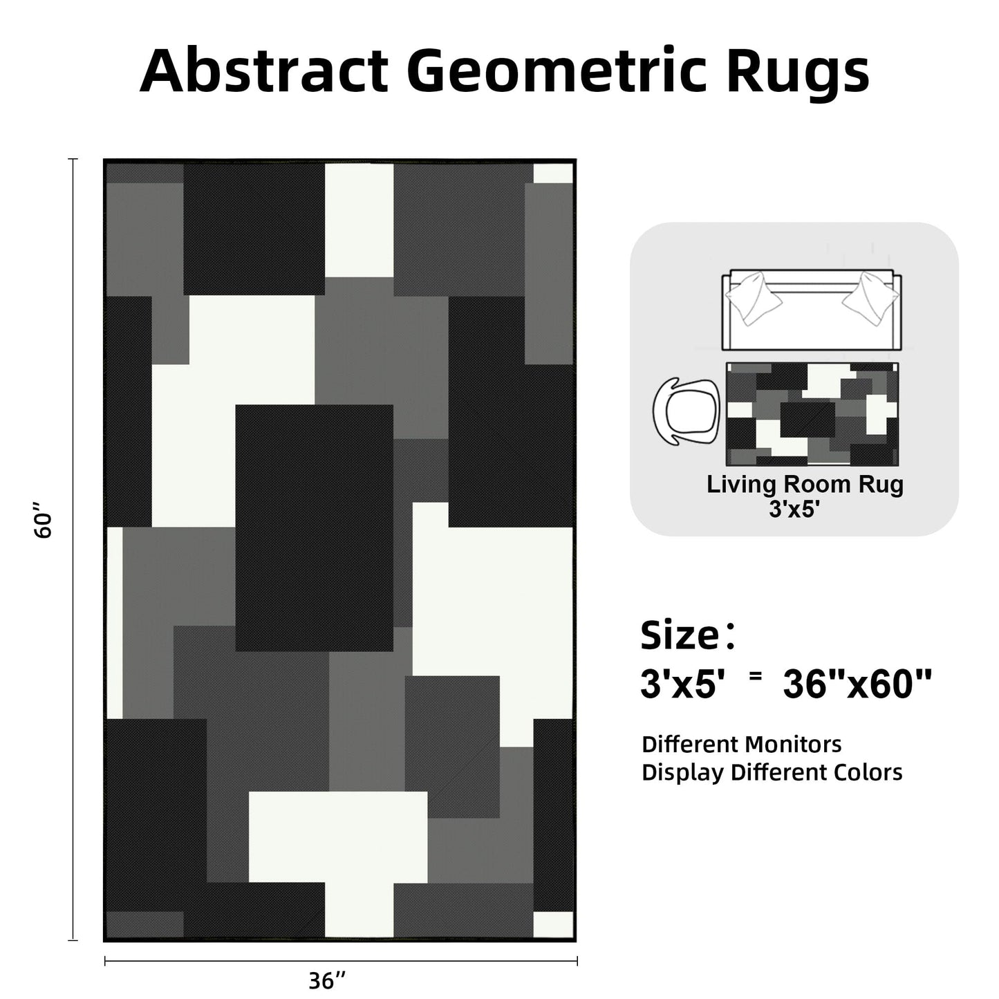Tyrot Washable Rug 3x5 Non Slip Area Rugs for Living Room, Modern Geometric 3x5 Entryway Rug, Ultra Thin Linen-Look Abstract Indoor Carpet for Bedroom Entrance Home Office, Black and White Grey