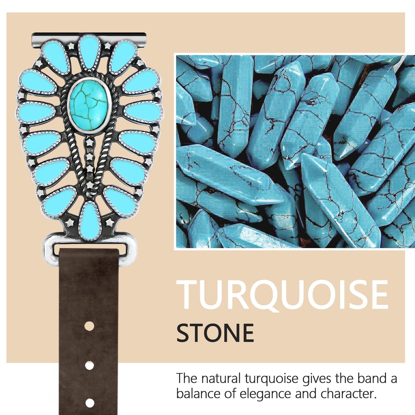 JR.DM Leather Band Women Compatible with Samsung Galaxy Watch 7/6/5/4/Active 2 40mm 44mm/Watch 6 Classic 43mm 47mm/Watch 5 Pro 45mm/Watch 4 Classic 42mm 46mm, Western Boho Turquoise 20mm Straps, Brown