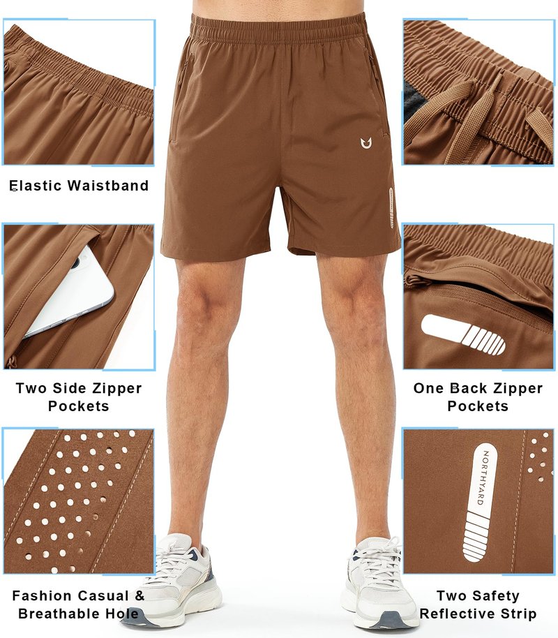 NORTHYARD Men's Athletic Running Shorts Gym Workout 7"/9"/5" Quick Dry Lightweight Sports Basketball Tennis 3 Zipper Pockets BROWN-5inch S