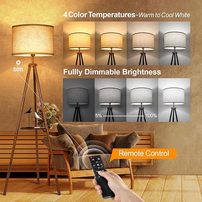 OUTON Wood Tripod Floor Lamp with Shelves, Mid Century LED Modern Dimmable Floor Lamp with Remote Control, Sturdy Tall Standing Lamp with Beige Linen Texture Shade for Living Room, Bedroom, Office