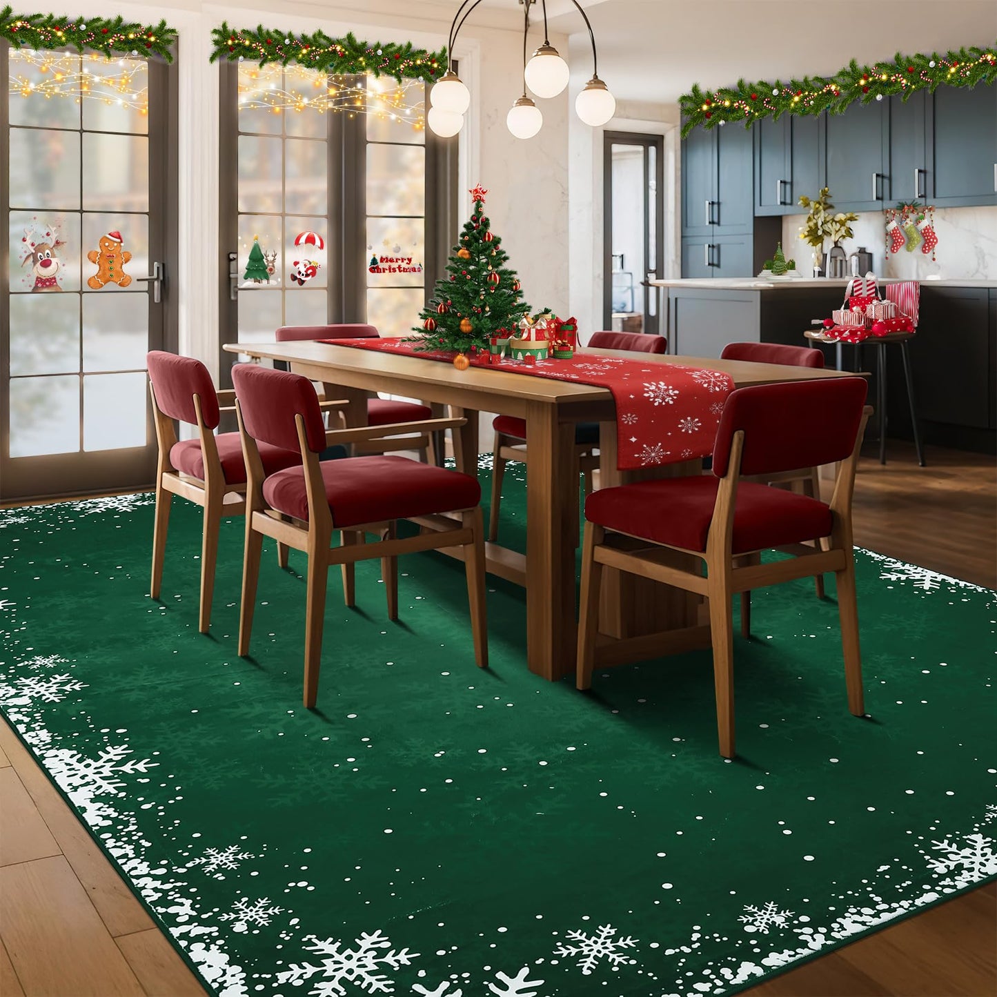 Christmas Bedroom Area Rug 4x6 Indoor Xmas Area Rugs Non-Slip Low Pile Christmas Decorative Area Rug Boho Snowflake Throw Carpet Washable Rugs for Bedroom Living Room Kitchen Nursery, Green